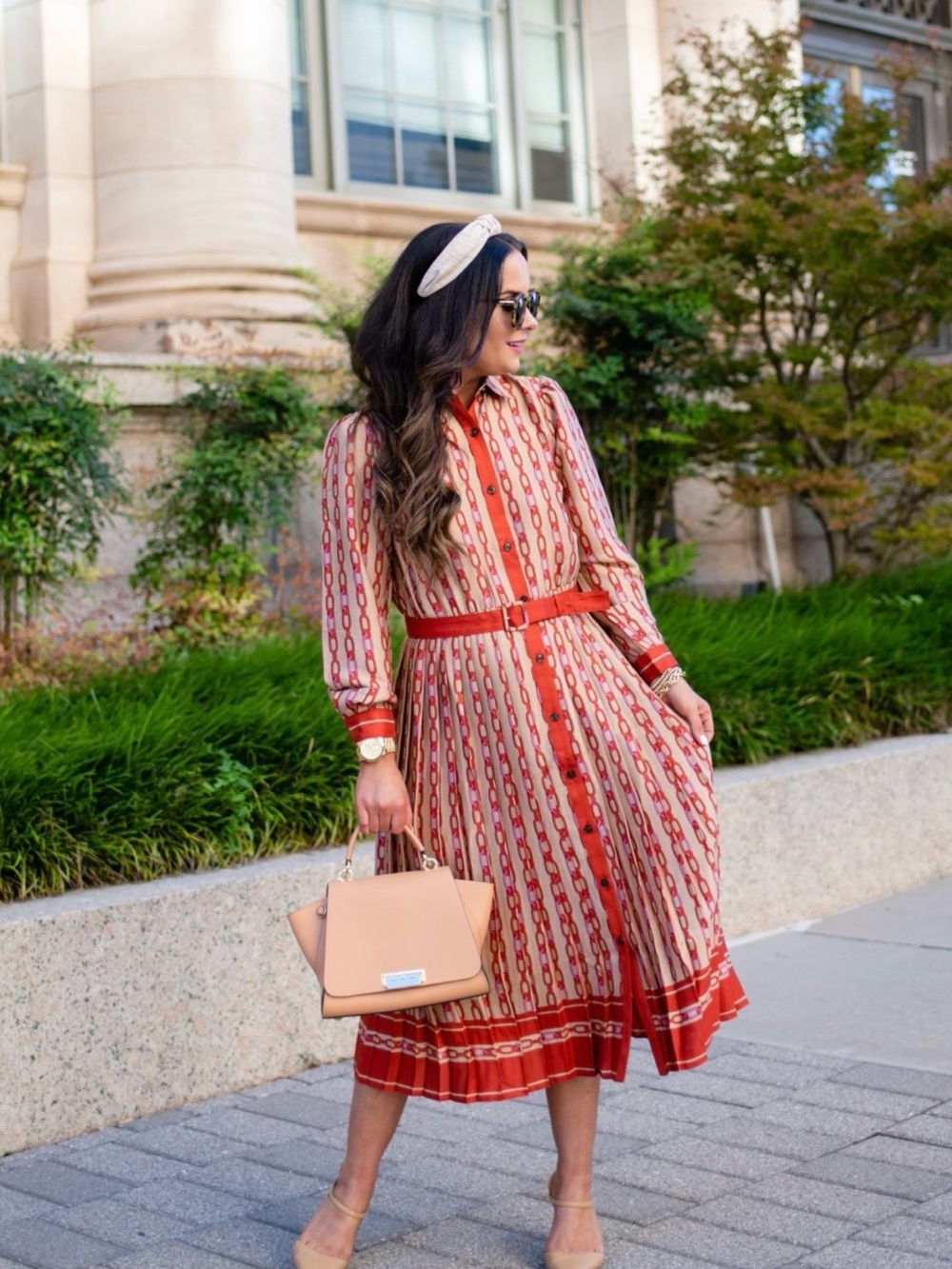 Ann Taylor Red and Cream Patterned Belted Midi Dress